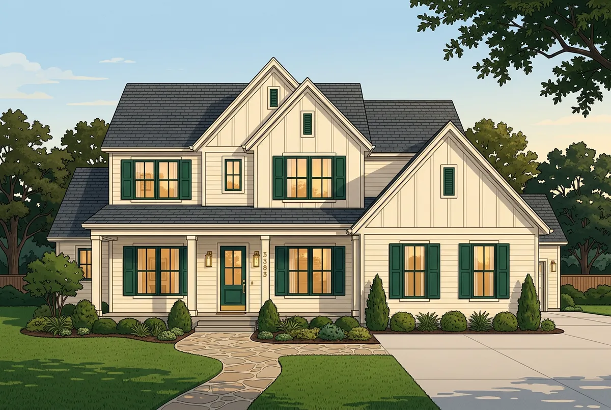 Illustrated new-construction home exterior in DFW style.