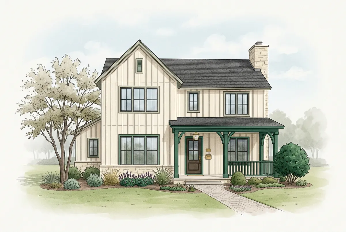 Illustrated new-construction home exterior in DFW style.