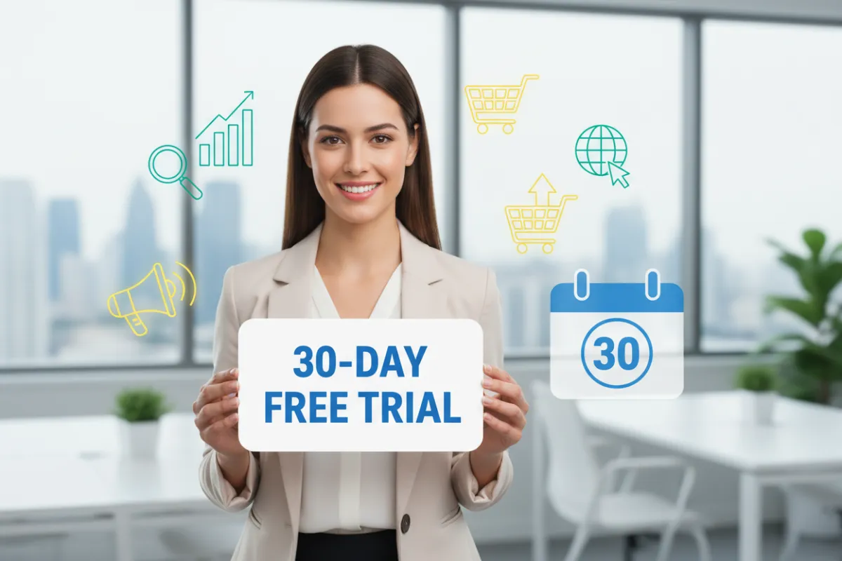 A smiling businesswoman in a bright workspace holding a sign that reads '30-Day Free Trial', surrounded by digital marketing icons and a calendar overlay. The image radiates positivity, opportunity, and the excitement of trying something new.