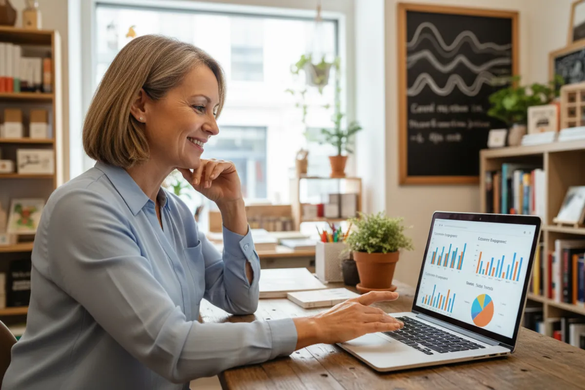 A cheerful local shop owner reviewing AI-generated marketing reports on a laptop, with colorful charts and graphs visible, set in a cozy retail environment. The image conveys confidence, simplicity, and the practical benefits of AI for small businesses.