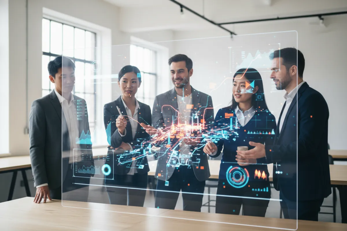 A diverse group of local business owners gathered around a digital dashboard, vibrant AI graphics overlaying real-world marketing data, in a modern workspace with natural light. Each person is engaged, representing different industries and backgrounds, conveying collaboration and innovation.
