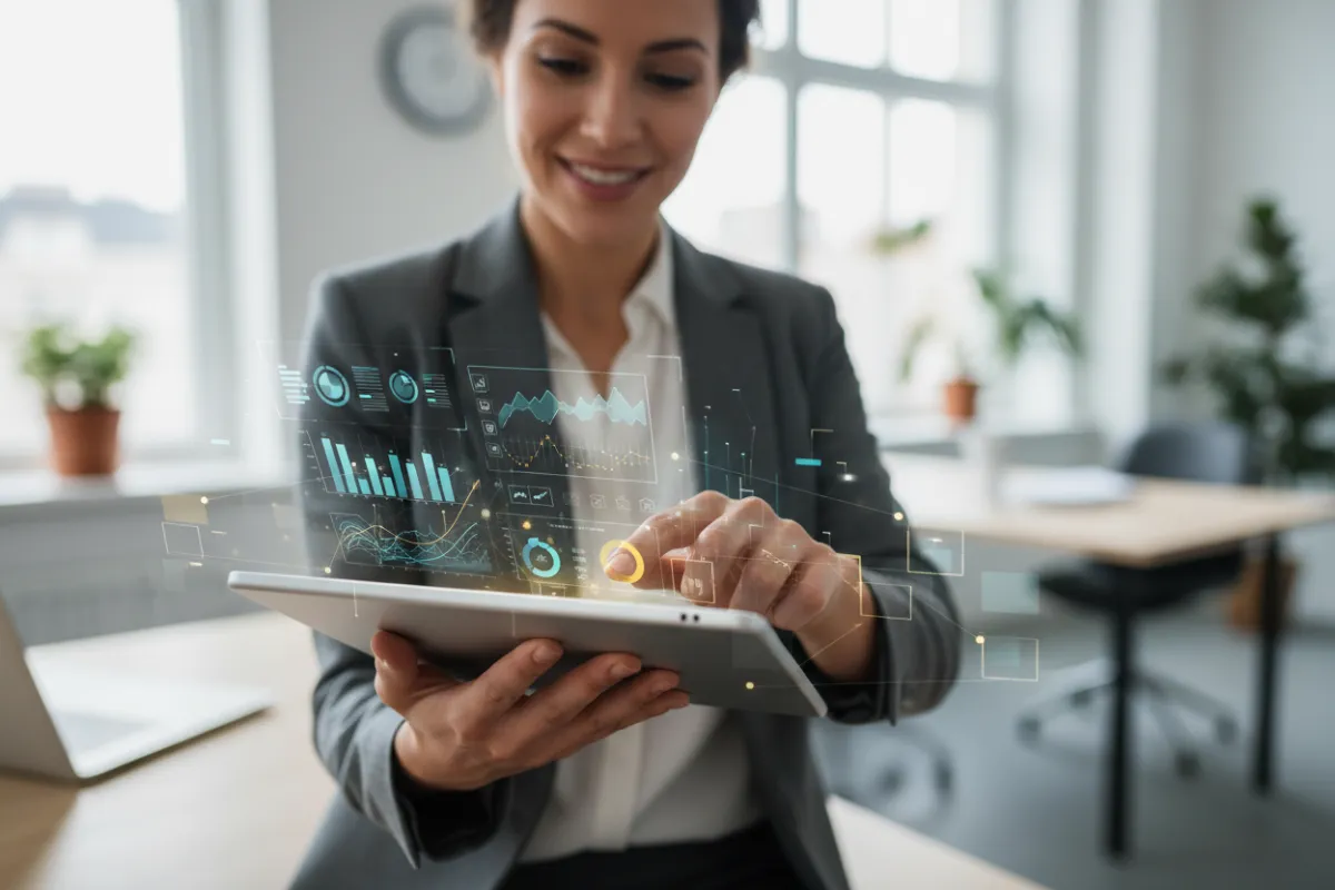 A close-up of a business owner using a tablet displaying AI-driven marketing analytics, surrounded by subtle digital overlays and soft office lighting. The scene highlights focus and empowerment, with a clear sense of modern technology enhancing traditional business.