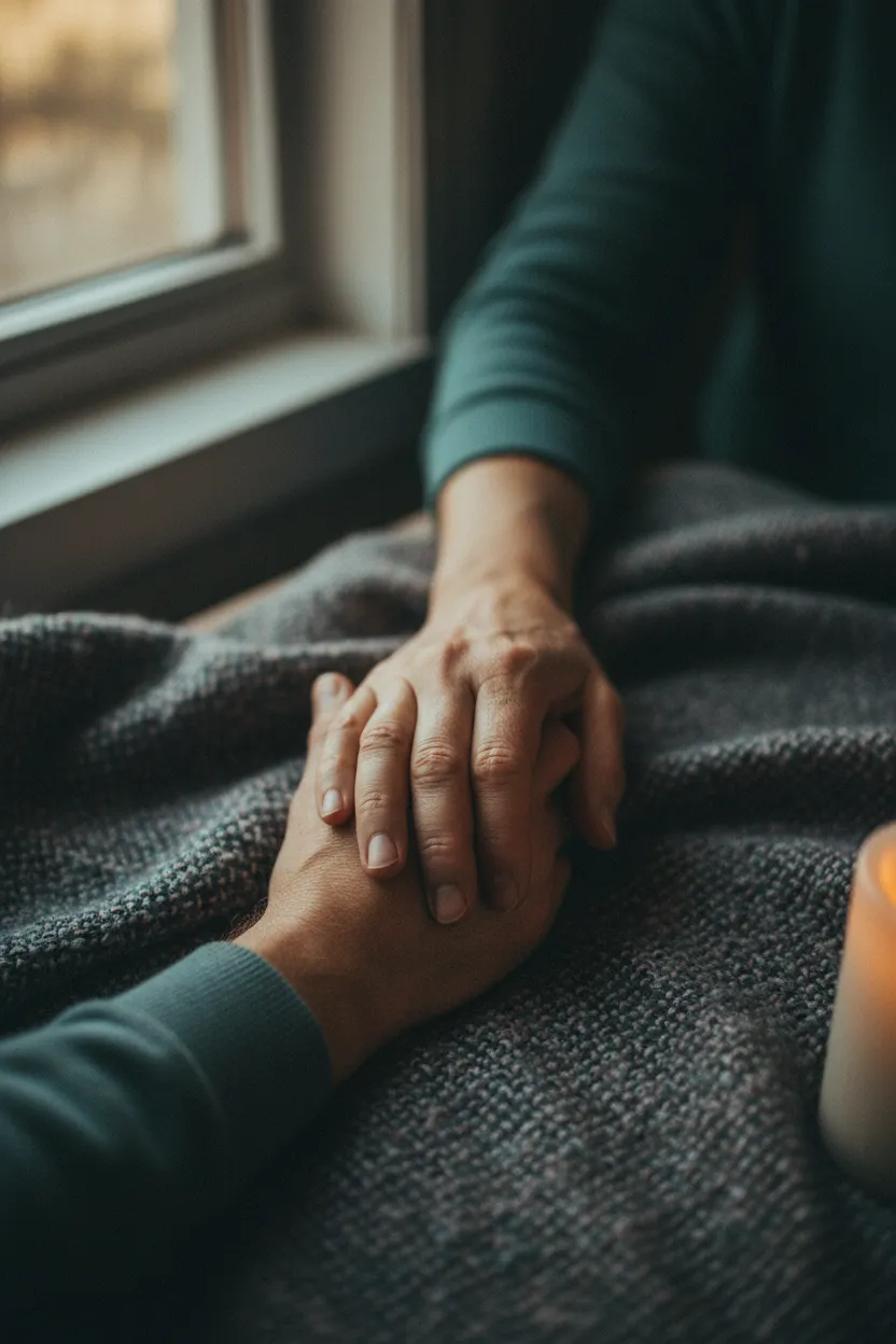 Hands holding hands gently in soft natural light, conveying empathy and presence