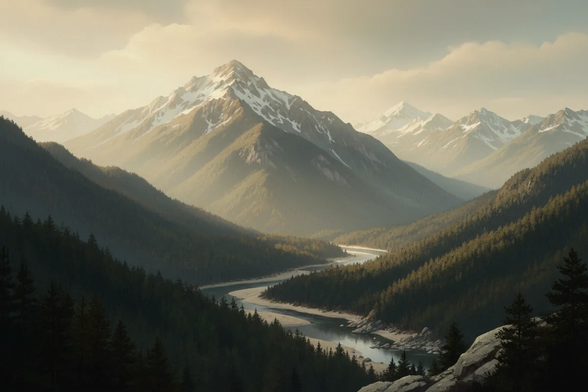 Detailed mountain range in warm golden-hour palette, maintaining the original stylized aesthetic