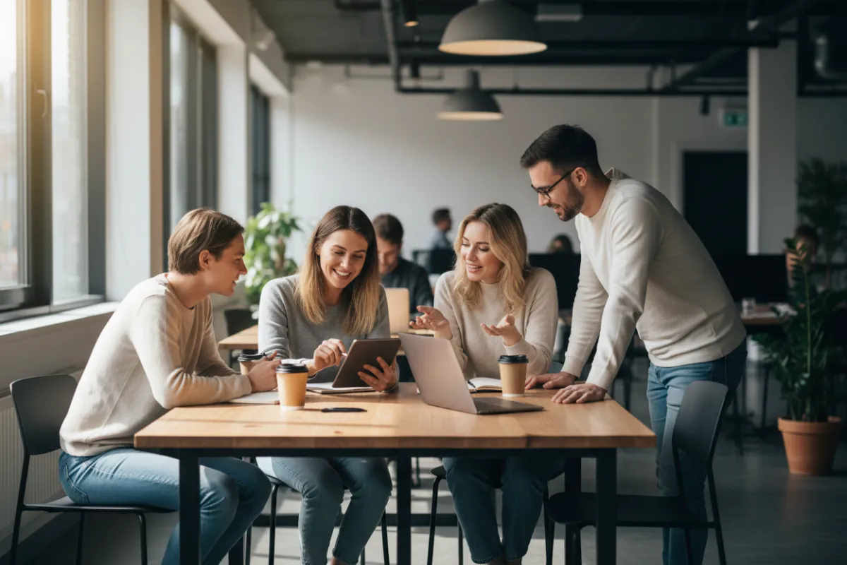 Diverse group of young adults, men and women, discussing property investment in a bright coworking space, casual attire, collaborative atmosphere