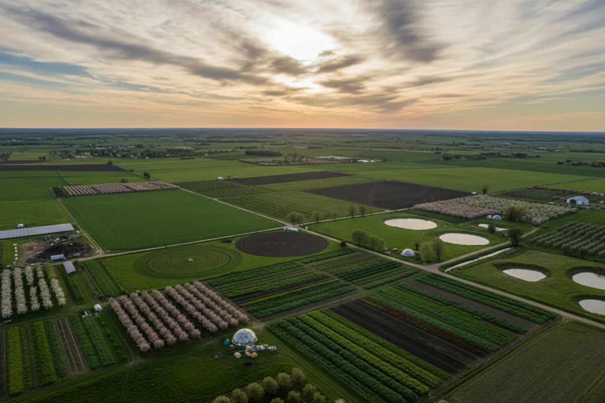 Aerial view of a vast, diverse farm with green fields, orchards, and vegetable plots, under a dramatic sky, symbolizing large-scale sustainable agriculture.