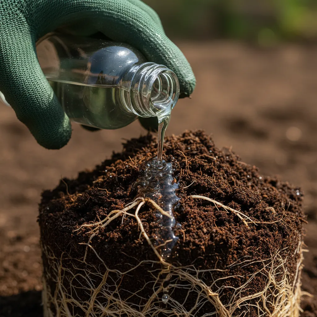 Close-up of a gloved hand pouring a bottle of microbe solution onto rich, dark soil with healthy roots visible, representing the product's natural origins.