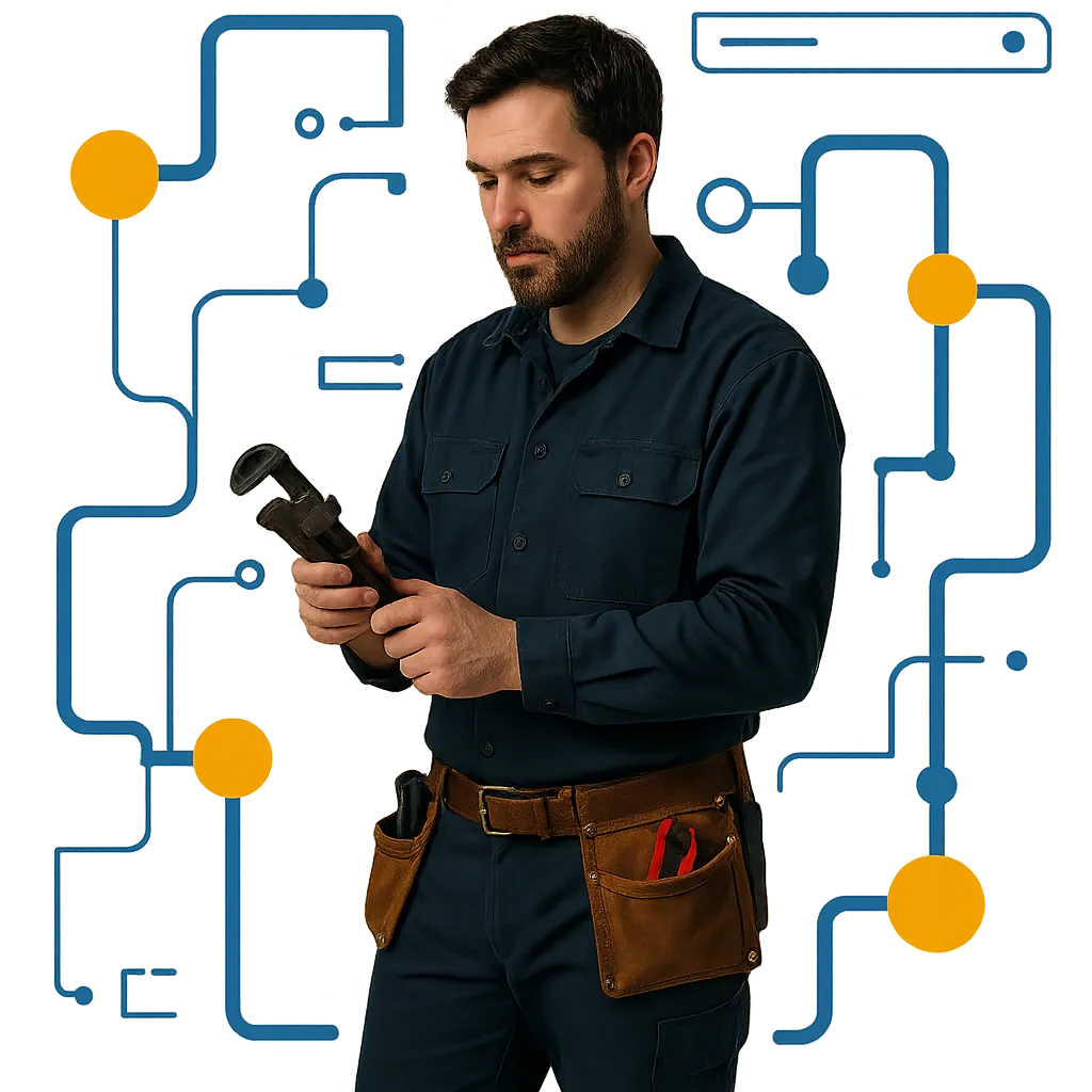 Plumber at work with digital mate UI overlay