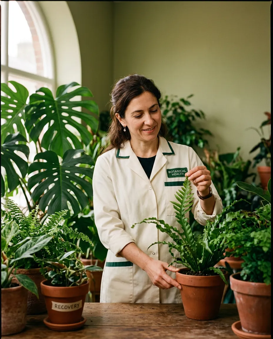 Dr. Fern Greenfield inspecting a recovering tropical fern in clinical setting
