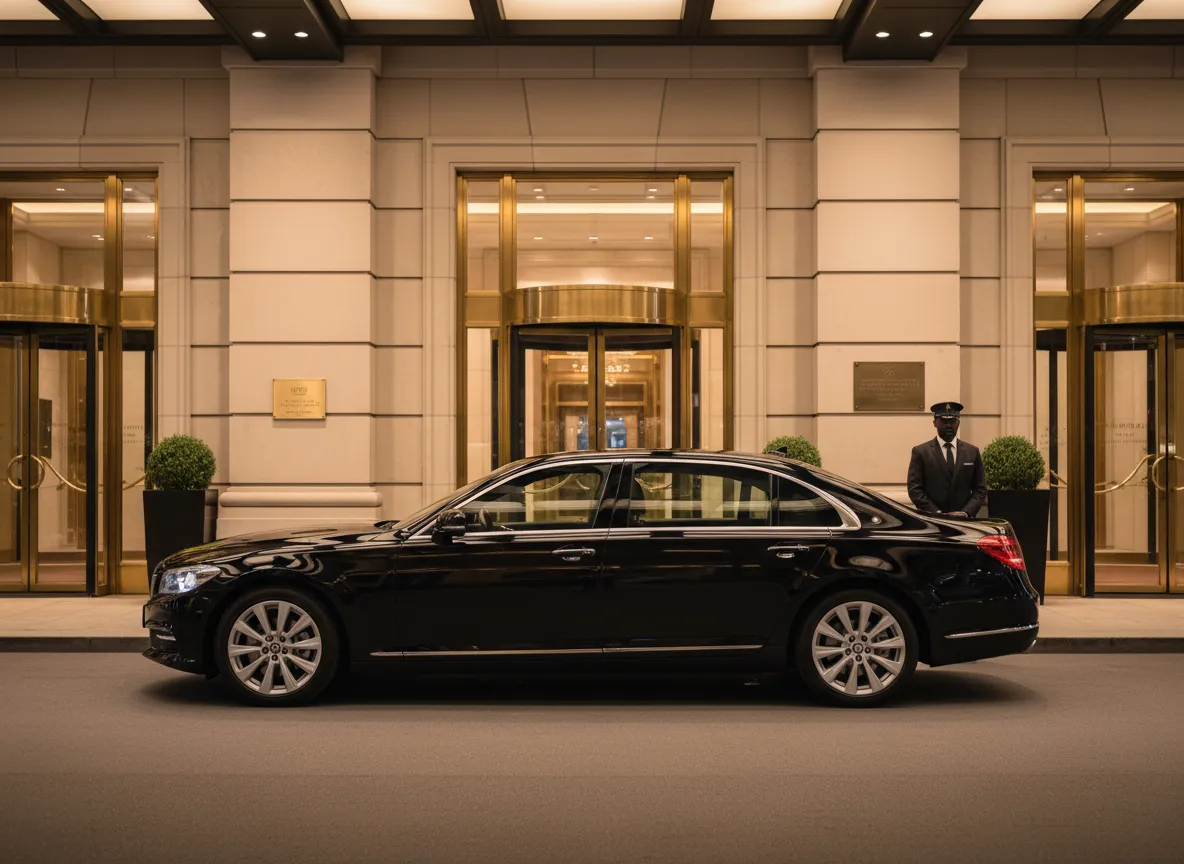 Luxury black sedan with chauffeur ready for Carmel Global passengers