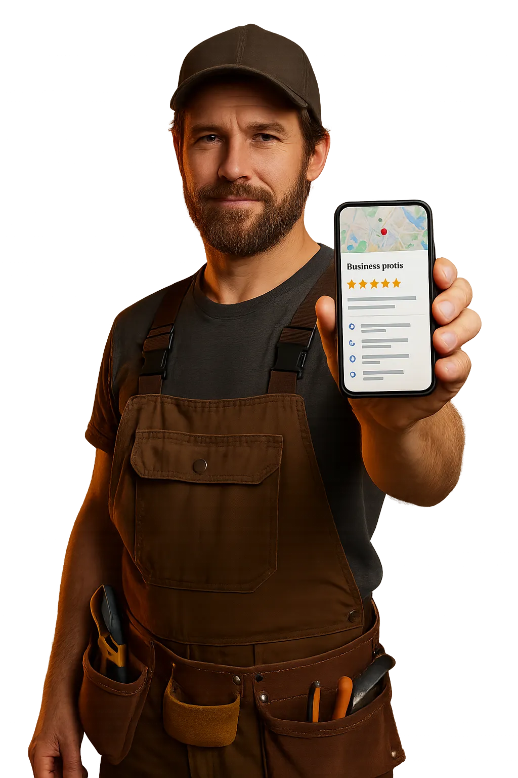 Confident tradie holding a phone showing high search rankings