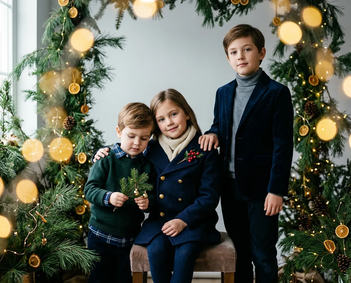 Nostalgic winter holiday children portrait with cool silver aesthetic