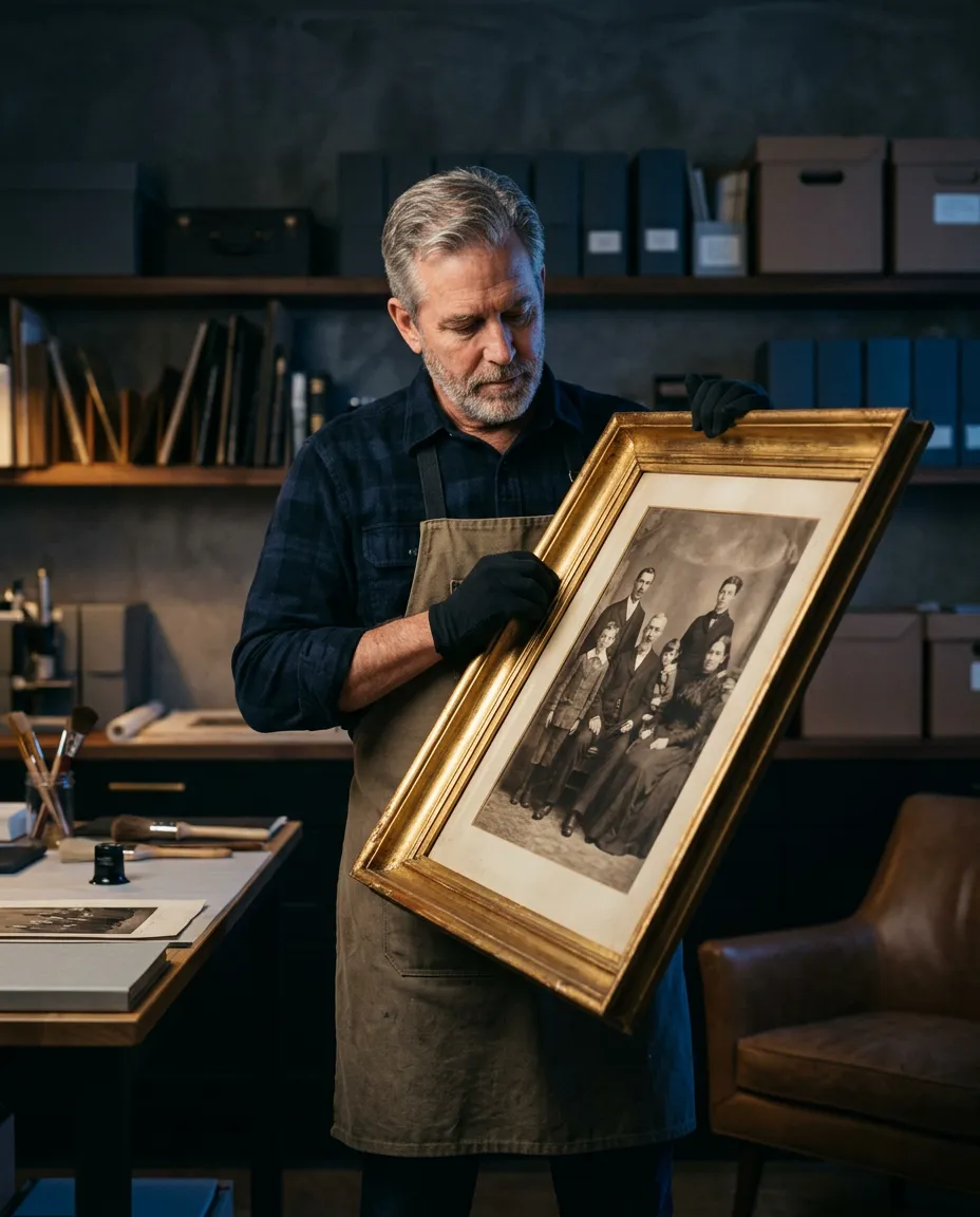 Master photographer hand-inspecting a large framed family legacy portrait in a warmly lit archival studio