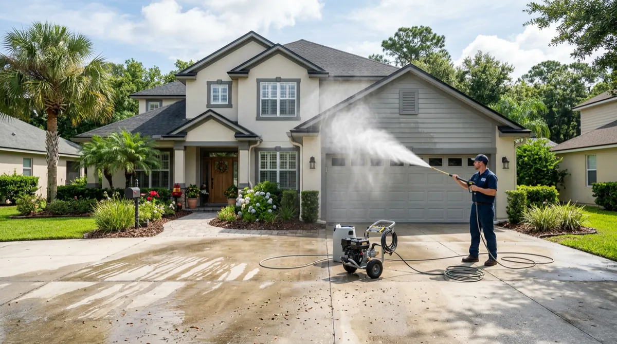 Beautiful home being pressure washed by a technician