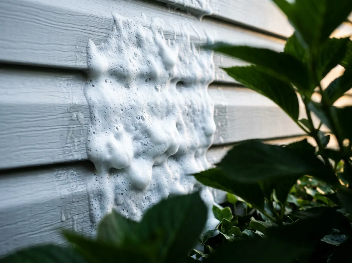 Biodegradable foaming solution lifting green algae and black mold from exterior walls