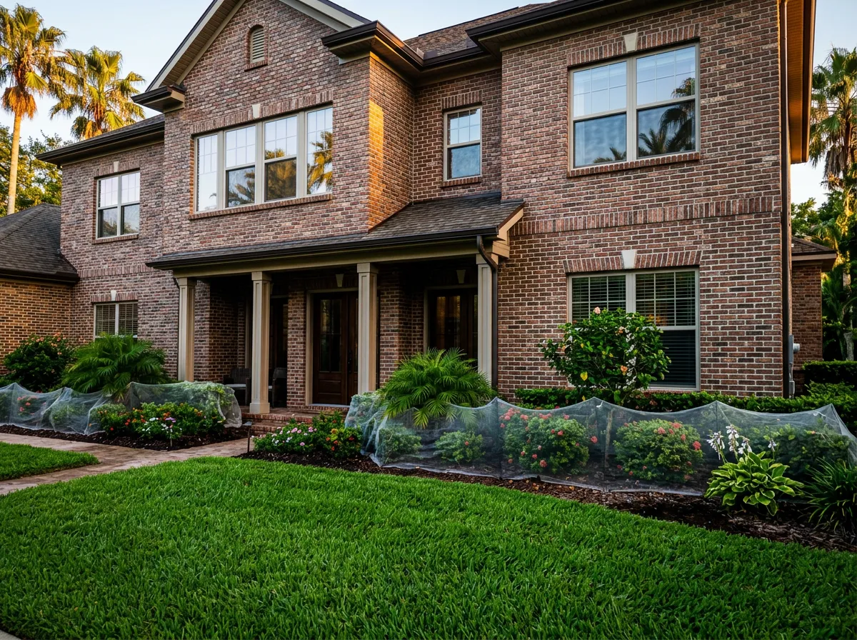 Clean, sparkling residential exterior with protected green garden beds and lush turf