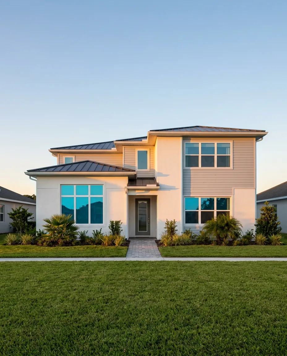 Pristine clean modern Central Florida home exterior with immaculate stucco and siding