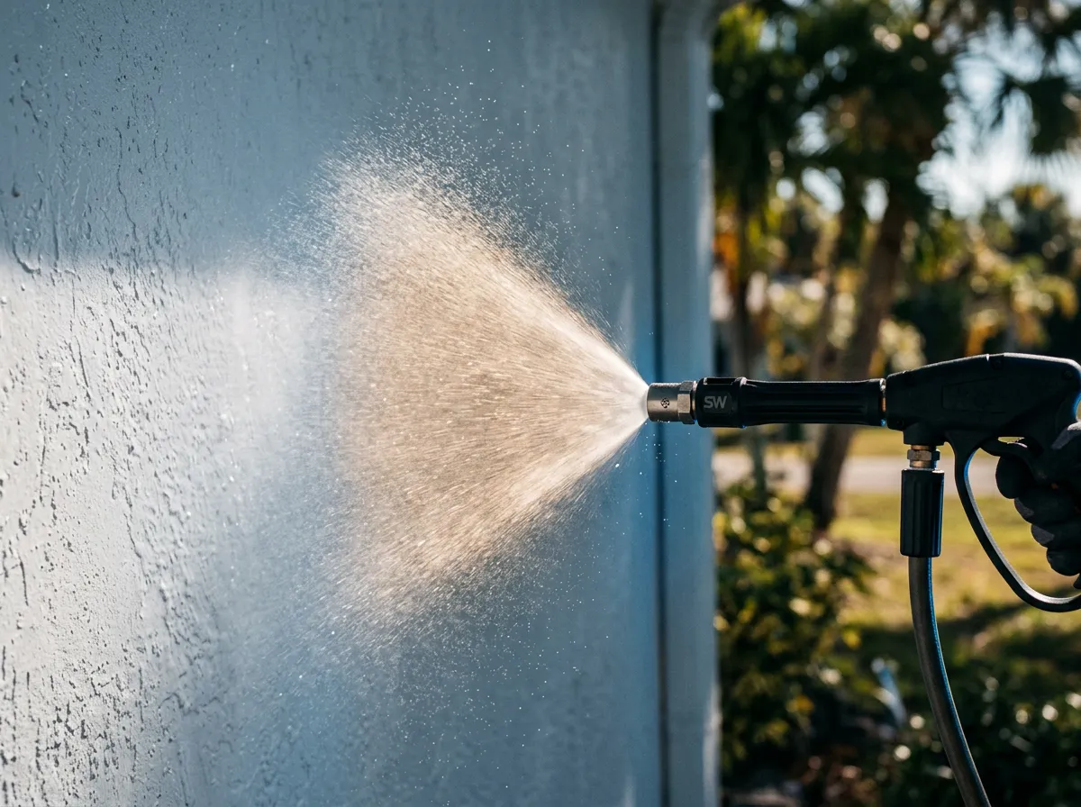 Technician using low-pressure soft wash wand on residential siding