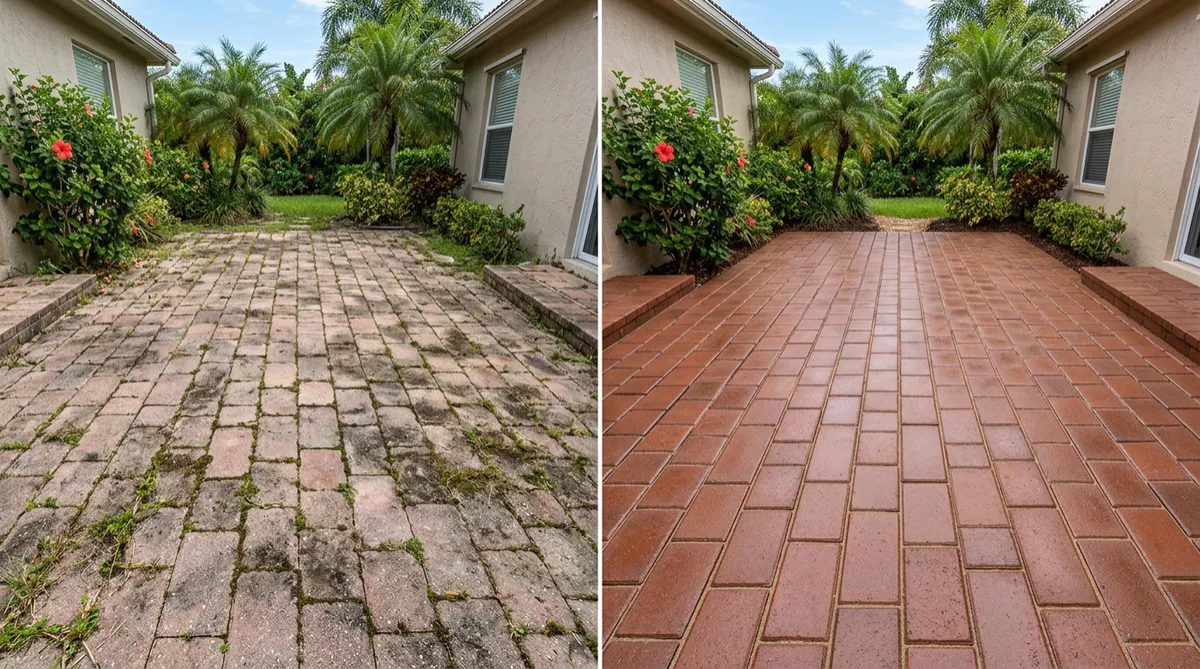 Before and after paver restoration on a patio