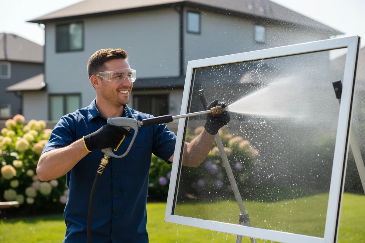 Professional male pressure washing window screens