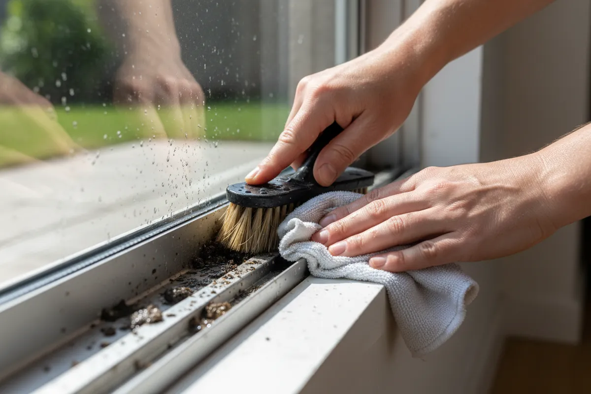 Close-up of hands cleaning sliding glass door tracks with a brush in natural daylight.