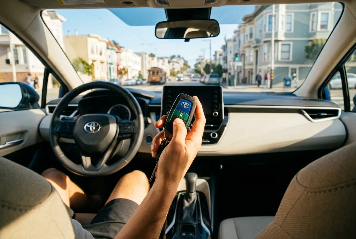 Professional Bay Area rideshare driver holding car keys in front of a clean economy sedan