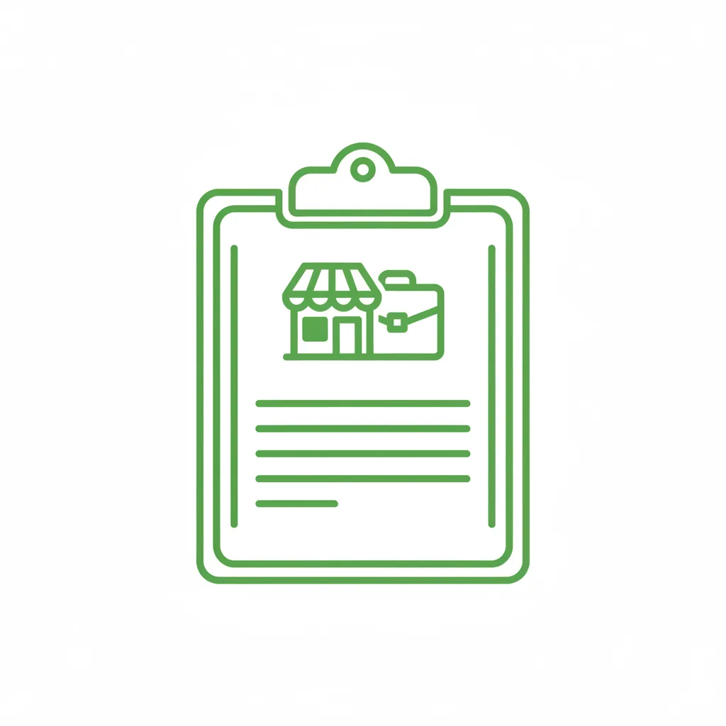 Outlined clipboard/form with storefront, flat style with green accents on white background