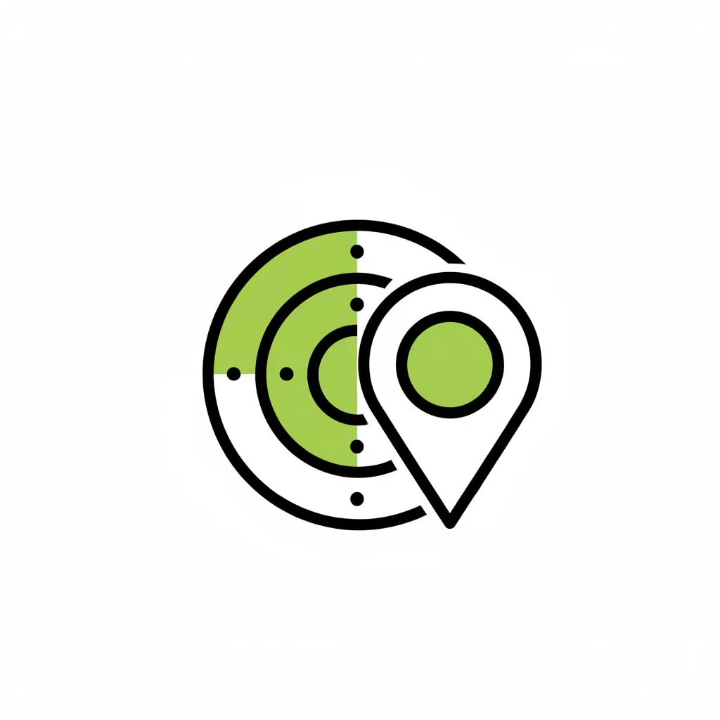 Outlined radar/magnifier over map, flat style with green accents on white background