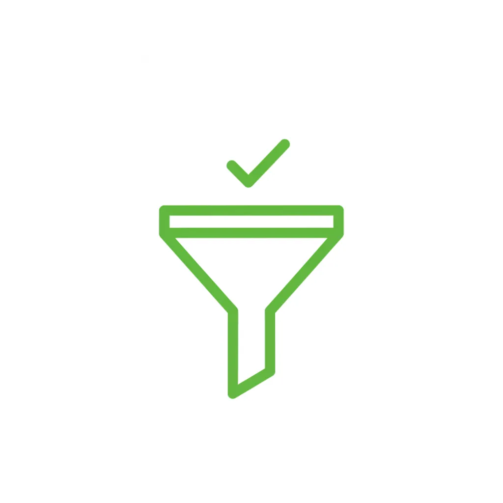 Outlined upward arrow chart with checkmark, flat style with green accents on white background