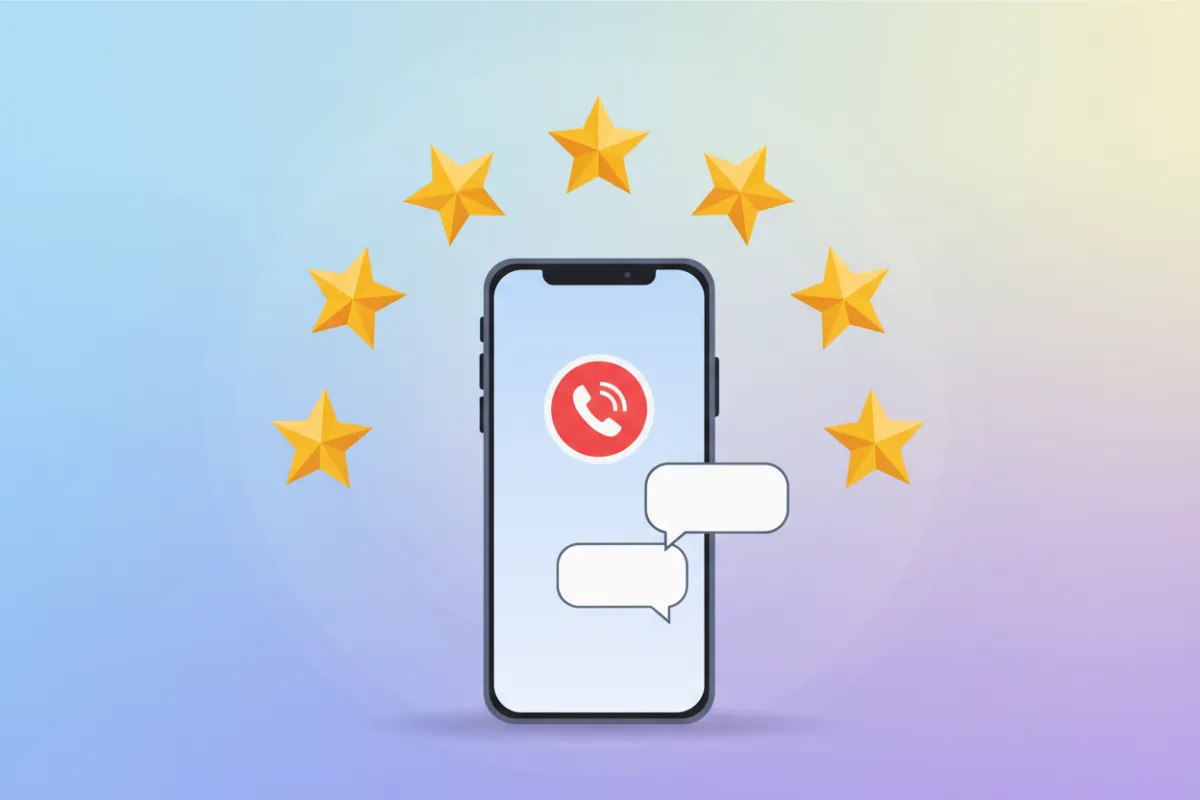 Colorful flat/semi-flat illustration of a smartphone with a missed-call indicator, empty text message bubbles (no text), and prominent 5-star review stars in the background; no logos or faces; clean UI.