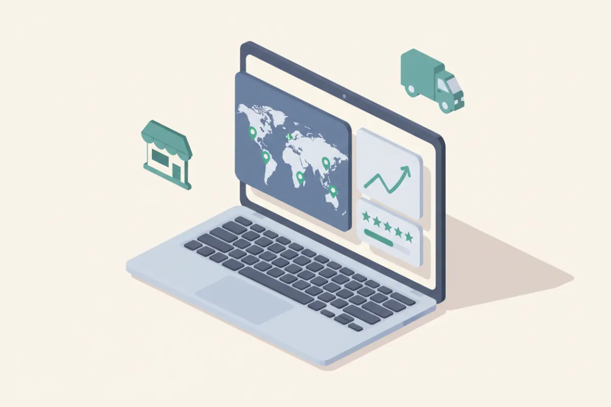 Isometric laptop displaying a clean SaaS dashboard with a map with multiple location pins, an upward-trending chart, and a side panel with review stars; subtle storefront and service-van icons around the laptop; green accent highlights; no text or UI copy visible.
