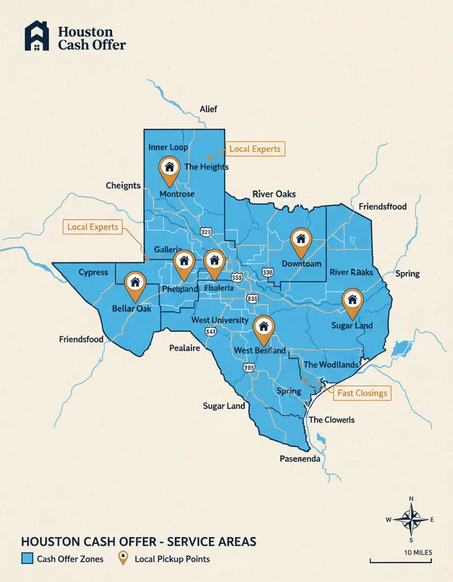 Map showing Houston Cash Offer service areas across Houston and surrounding neighborhoods