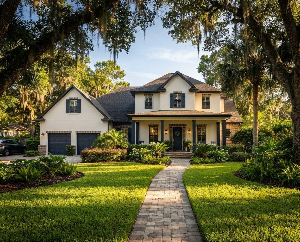 Pristine Lakeland residential home featuring well maintained mature oak trees and tidy landscaping
