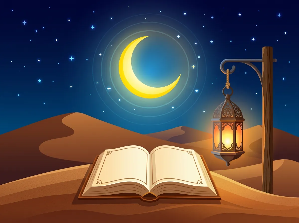 Vector illustration: Open book on brown/orange desert dunes, next to a hanging traditional lantern. Above them is a large, bright yellow crescent moon with glowing concentric circles, set against a dark blue starry night sky gradient.