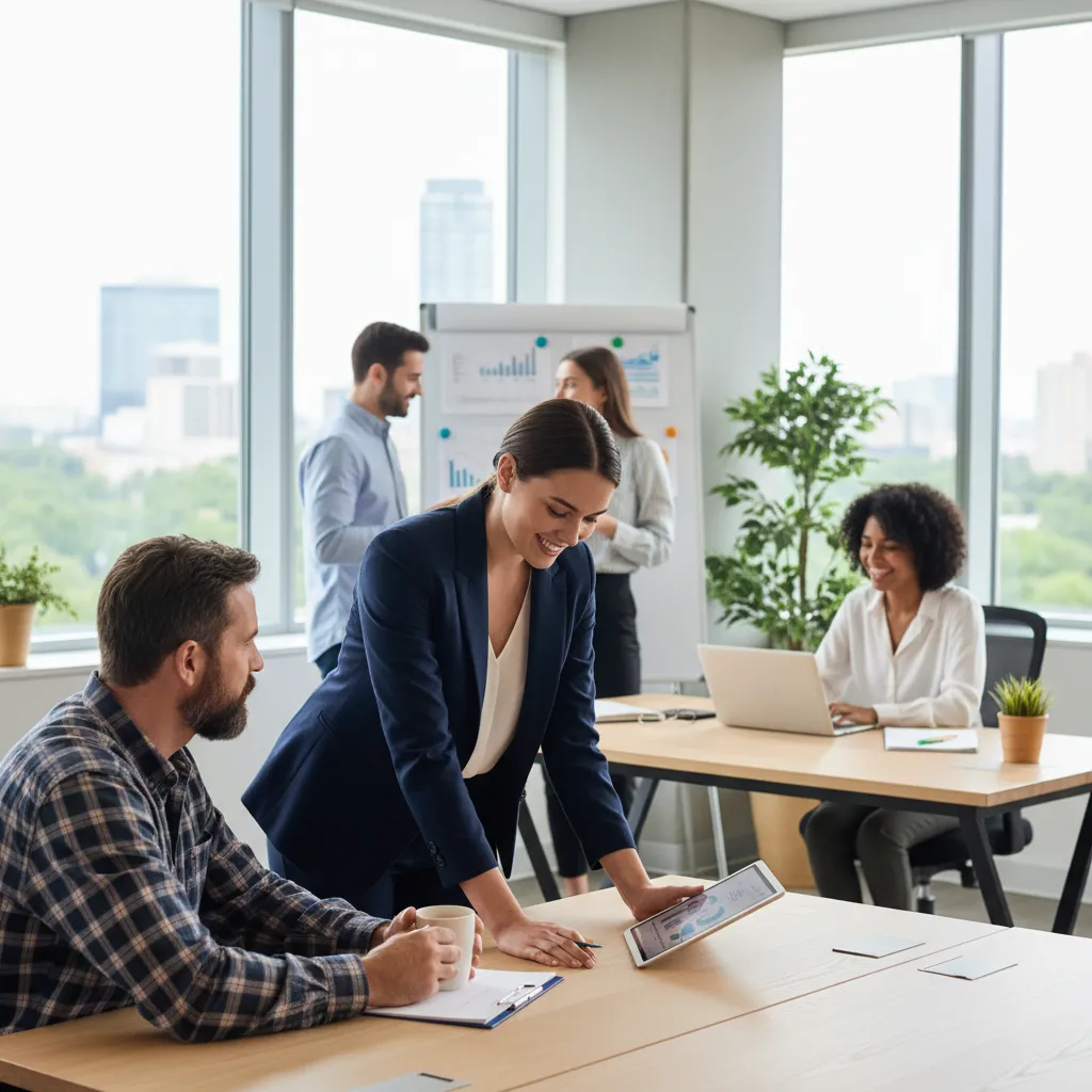 Diverse team of tax professionals consulting a small business owner in a bright, modern office.