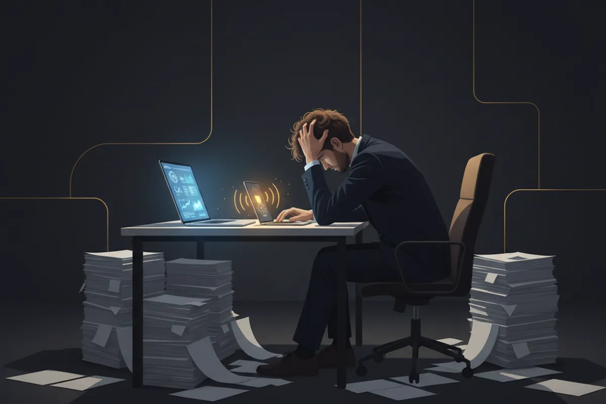 A stressed entrepreneur surrounded by paperwork, a laptop, and a ringing phone, set in a dimly lit office with a dark background and subtle gold highlights. The scene conveys overwhelm and multitasking, with a modern, minimalistic style.