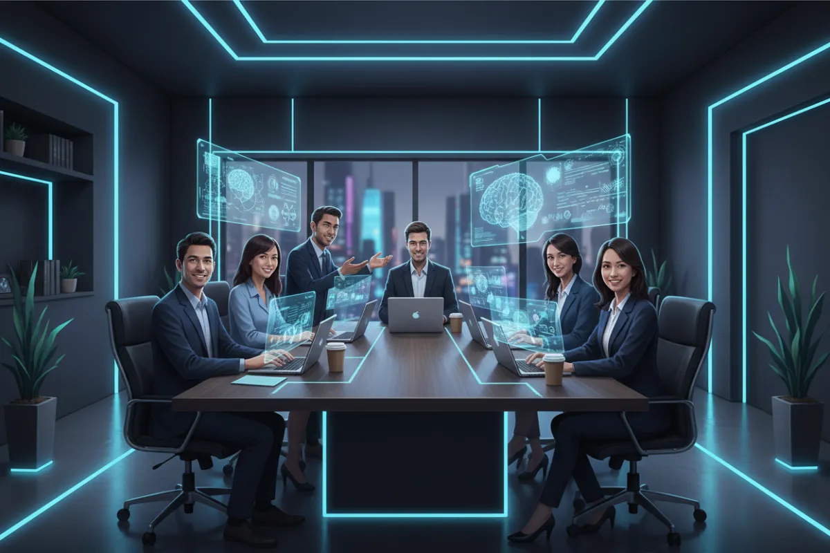 A friendly, diverse team of professionals collaborating around a table with laptops and digital devices, set in a modern office with dark walls and cyan accent lighting. The atmosphere is energetic, approachable, and innovative.