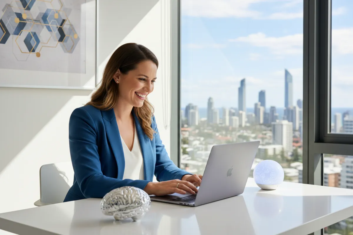 Confident Gold Coast business owner in a bright office, smiling while scheduling a call on a laptop. Modern workspace with AI-themed décor and city skyline.