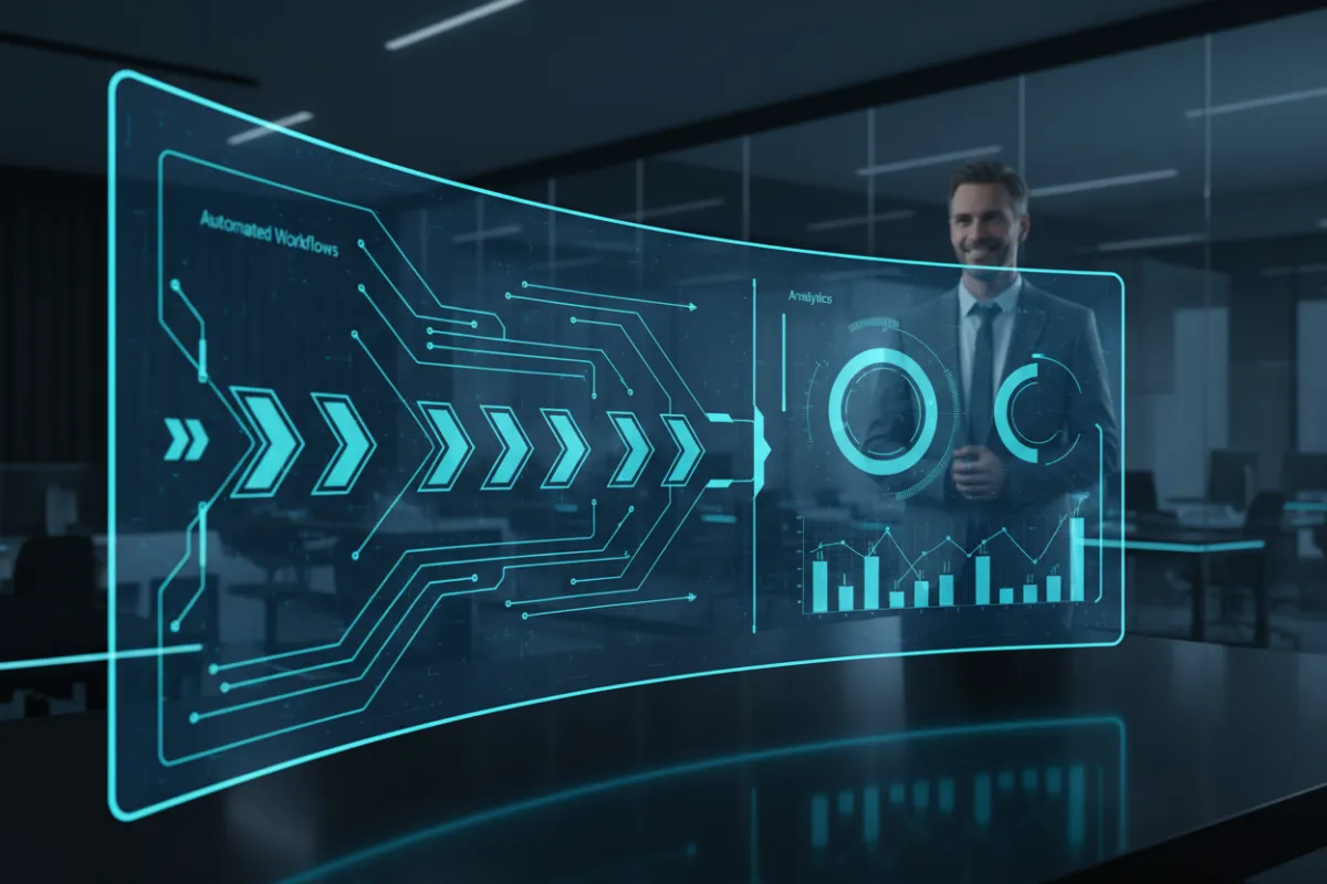 A sleek AI dashboard interface on a large screen, displaying automated workflows and analytics, with a business owner smiling in the background. The setting is a modern workspace with electric cyan highlights and a dark, clean aesthetic, emphasizing efficiency and technological advancement.