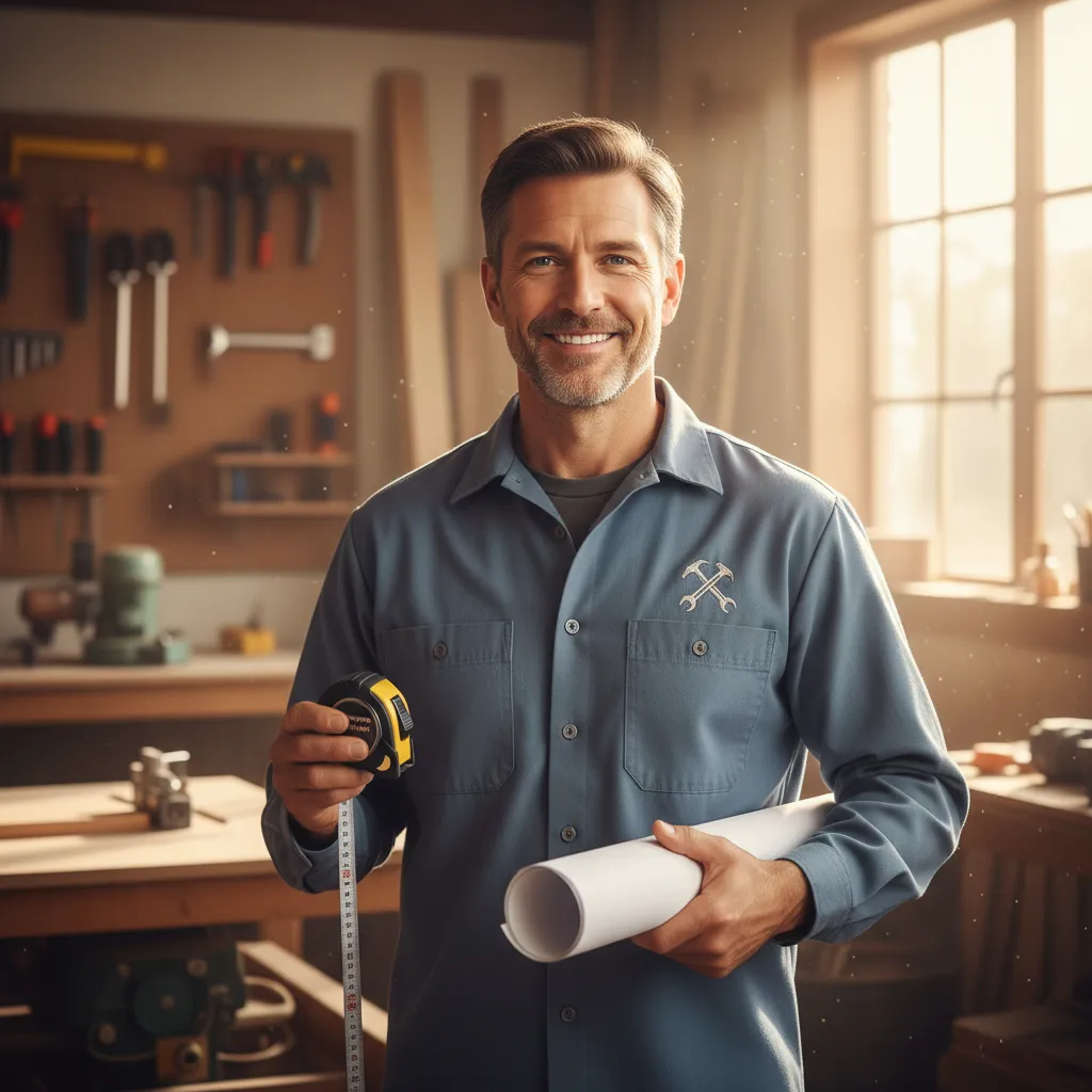Confident remodeler Jason K. in workshop, holding tape measure and blueprints