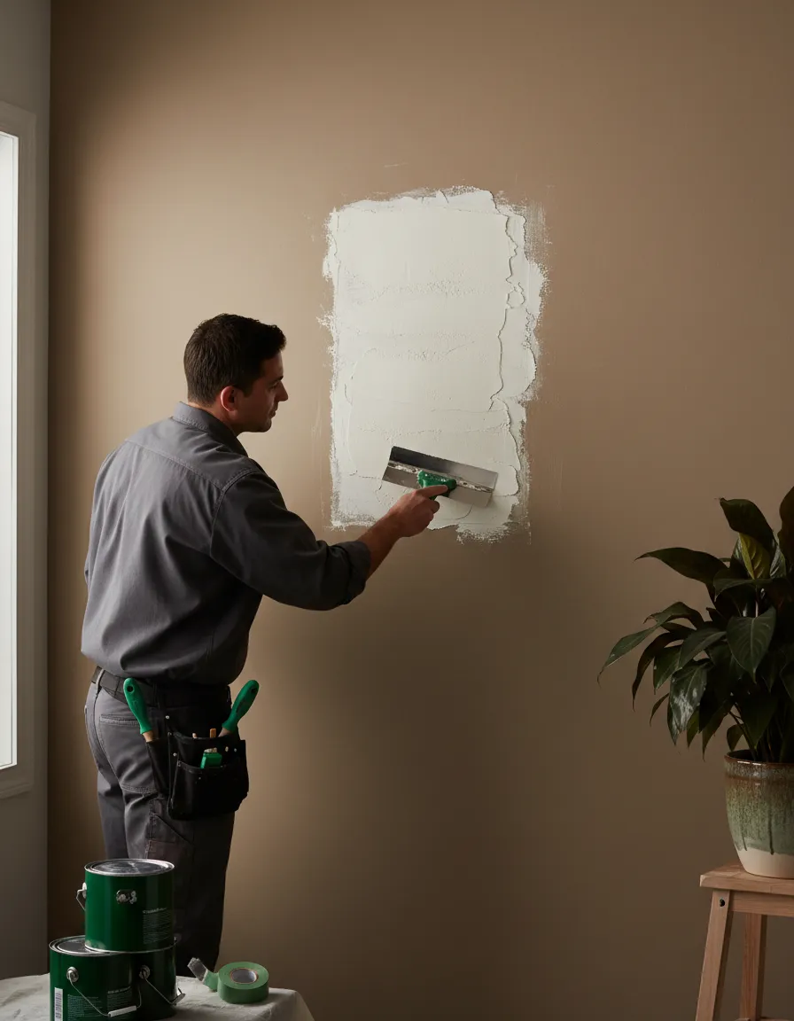 Professional handyman expertly patching a drywall hole with joint compound