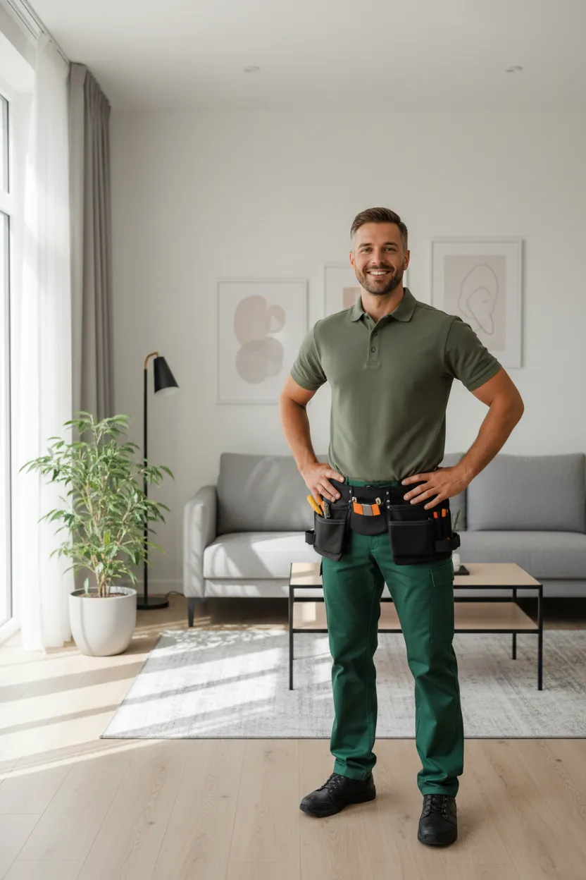 Photorealistic medium full-body shot of a single handyman in a clean, well-lit home interior, wearing a uniform in the company's primary green color #0B4D2B, friendly confident pose, natural lighting, neutral unobtrusive background, no text or logos, high-resolution suitable for web, conveys dependable workmanship and long-term reliability.