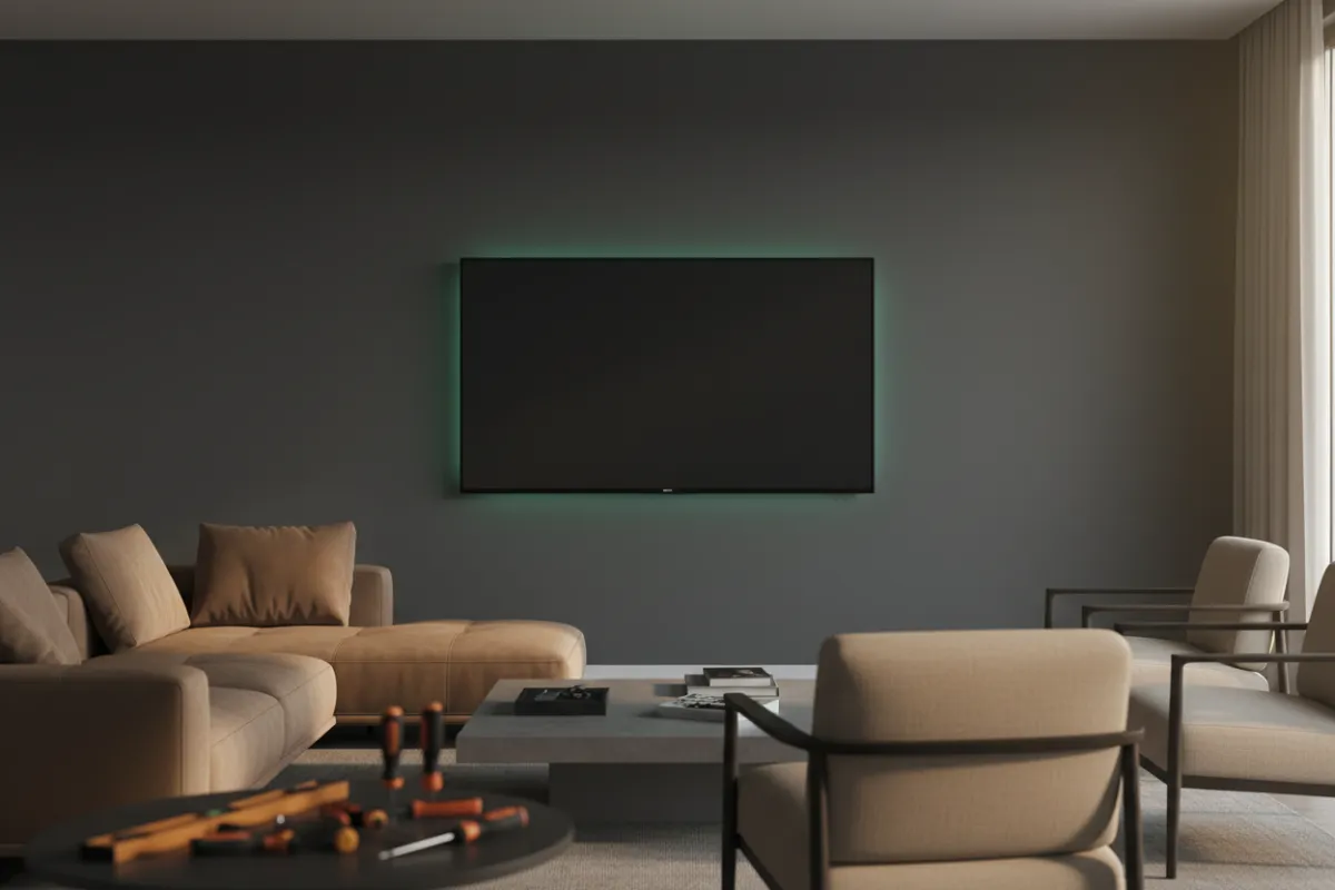 Professional handyman securely mounting a flat screen TV to a living room wall