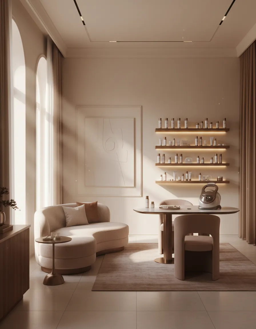 Интериор на модерен козметичен салон със спокойна и стилна атмосфера