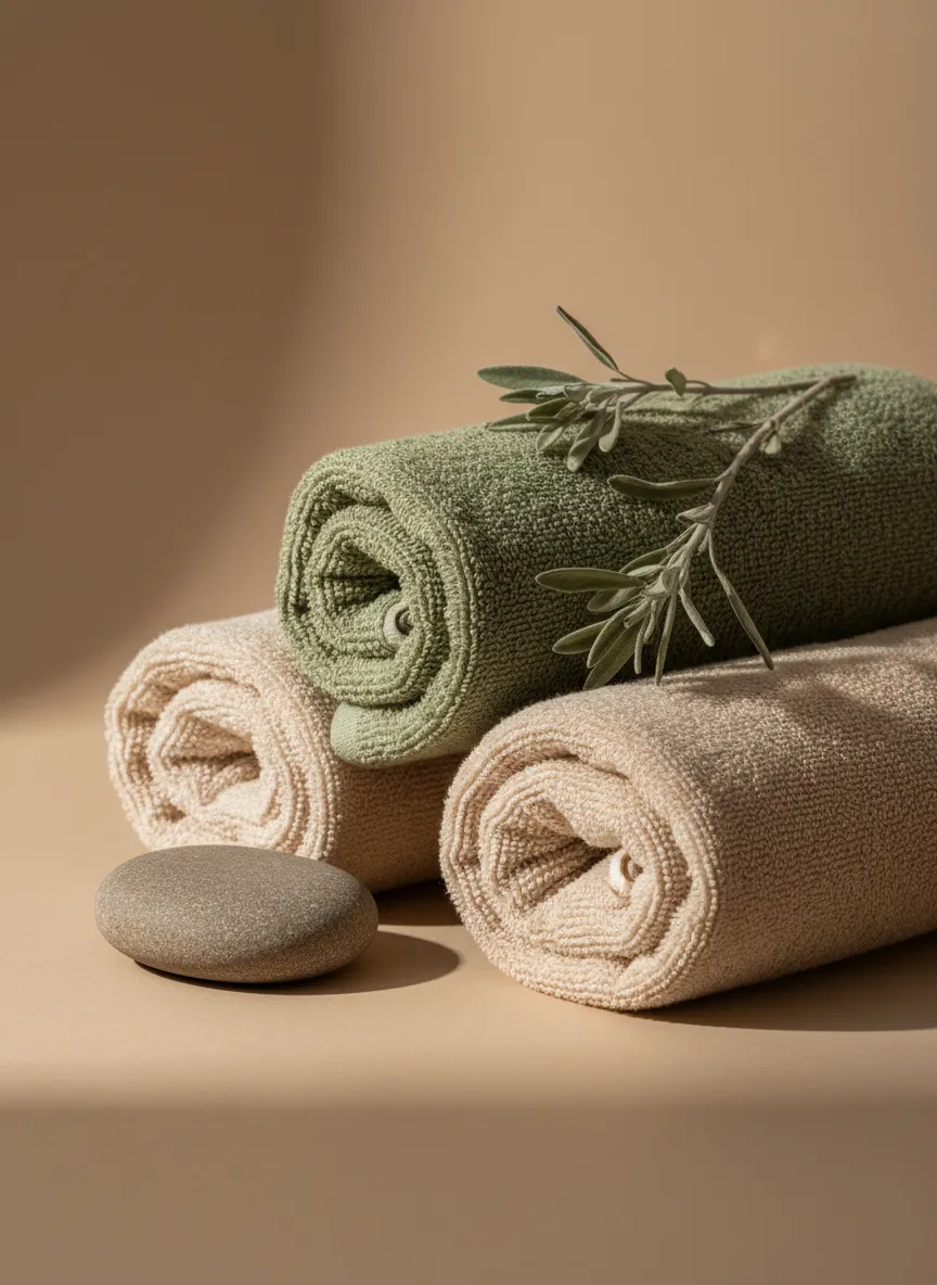 Спокойна wellness атмосфера с естествени текстури и топли кърпи