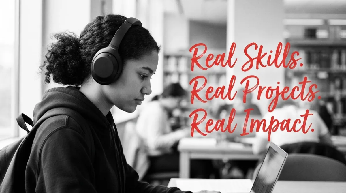 Black and white profile shot of a young student wearing headphones looking down, with red handwritten text reading 'Real Skills. Real Projects. Real Impact.' overlaid on the right