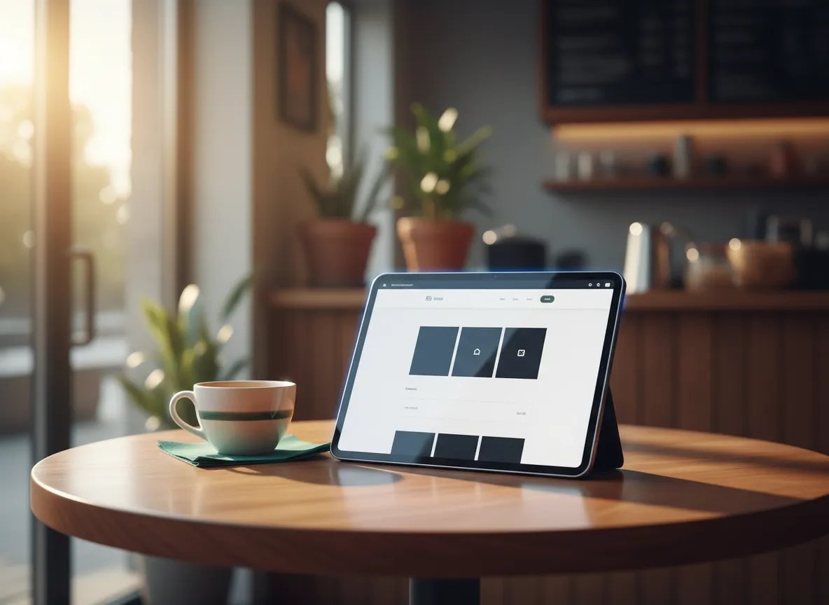 Crisp web mockup on a tablet in a cafe setting