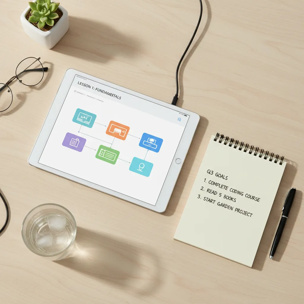A flat lay of course materials including a digital tablet displaying a lesson, a notepad with handwritten goals, and a glass of water, all arranged on a light wooden table. The scene is bright and inviting, emphasizing organization and readiness.