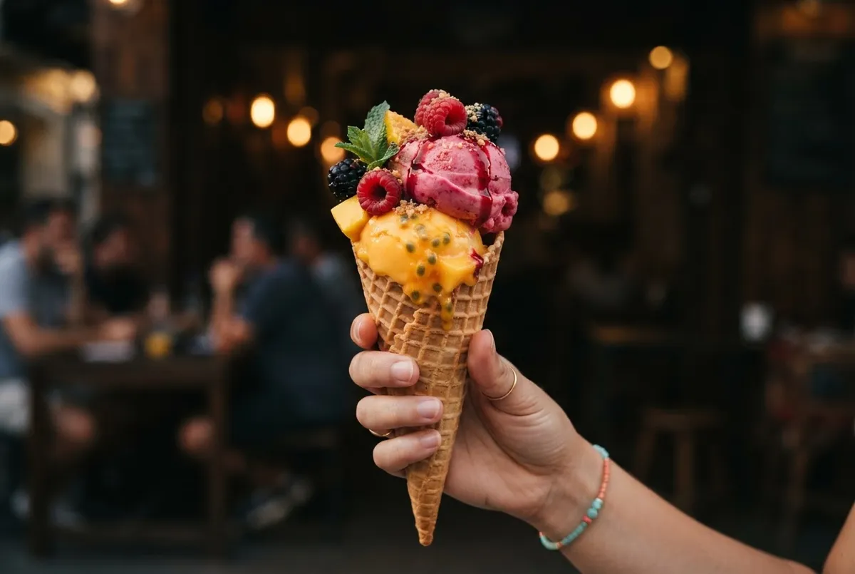 Catálogo digital interactivo para heladería artesanal mostrando conos y copas de helado
