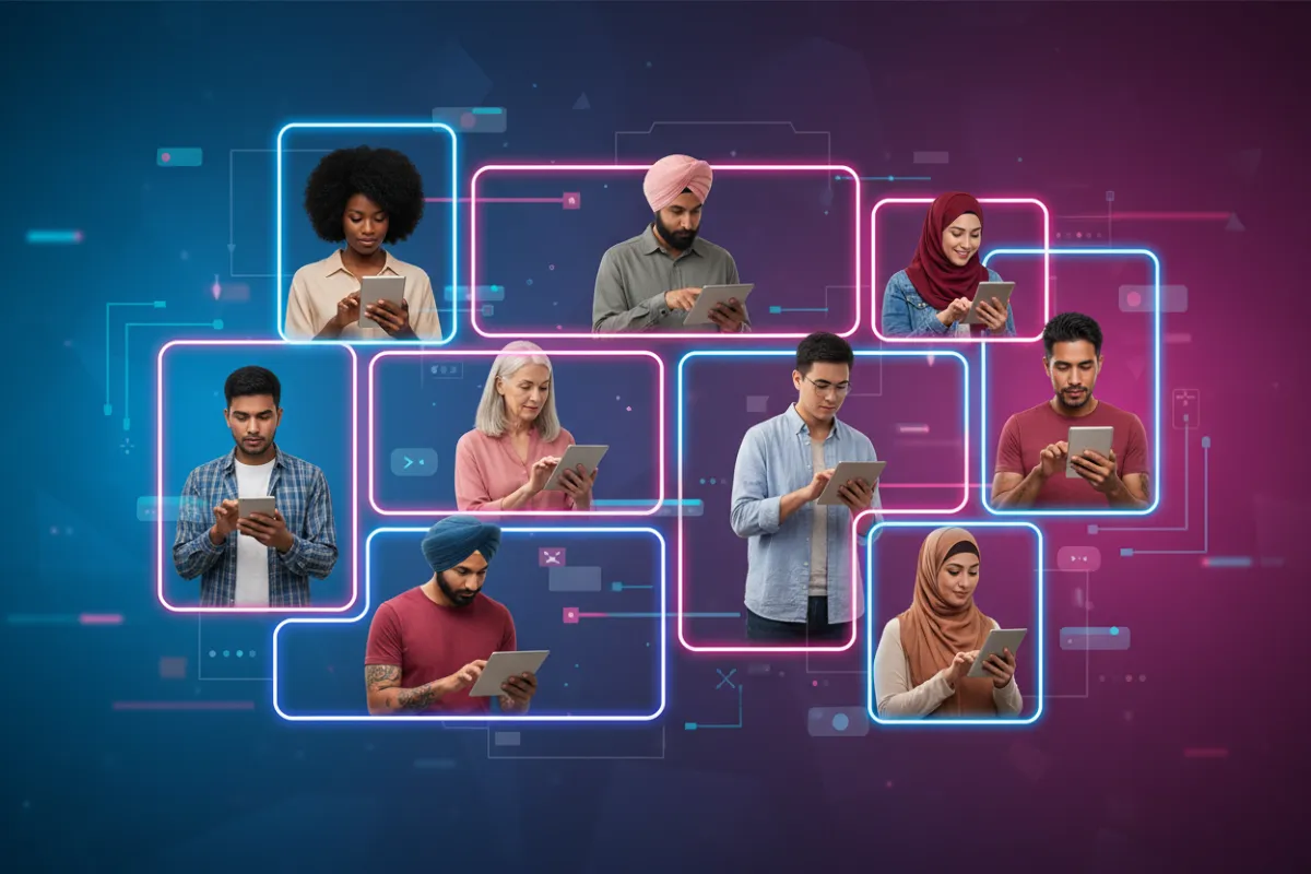 A digital collage showing a diverse group of adults of various ages and backgrounds, each in a neon-lit frame, browsing content on tablets and phones, vibrant blue and pink accents, modern interface elements, inclusive and tech-forward, safe-for-work.